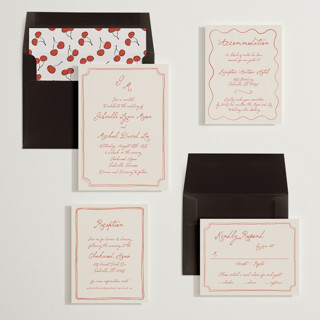 This is a cherry wedding invitations with standard by Kelly Watkins called felicity printing on signature in standard