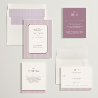 This is a mauve wedding invitations with standard by Emily Betts called modern stripes printing on signature in standard
