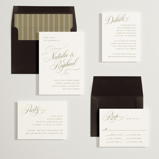 This is a olive green wedding invitations with standard by Hooray Creative called scripted names printing on signature in standard