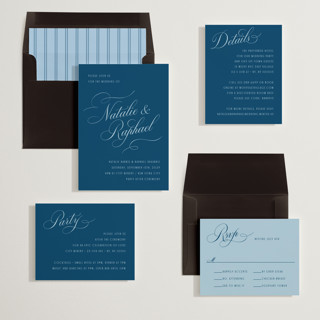 This is a navy wedding invitations with standard by Hooray Creative called scripted names printing on signature in standard