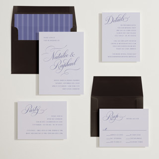 This is a violet wedding invitations with standard by Hooray Creative called scripted names printing on signature in standard