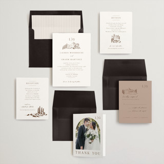 This is a chocolate wedding invitations with standard by Shiny Penny Studio called countryside villa printing on signature in standard