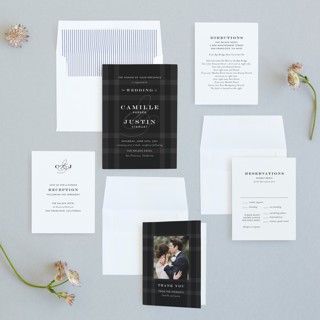 This is a obsidian wedding invitations with standard by Jill Means called wedding plaid printing on signature in standard