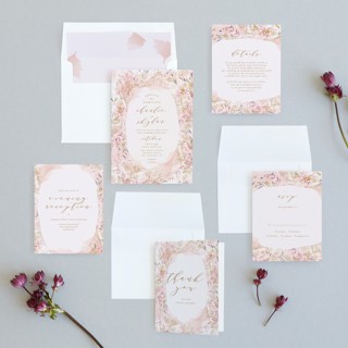 This is a blush wedding invitations with standard by Phrosné Barwood called fantasy floral bride printing on signature in standard