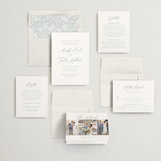 This is a dusty blue wedding invitations with standard by Jennifer Postorino called love story printing on signature in standard