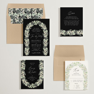 This is a midnight wedding invitations with standard by Phrosné Barwood called floral arch printing on signature in standard