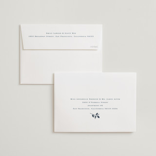This is a indigo wedding invitations with standard by Amy Kross called falling branch printing on signature in standard