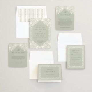 This is a sage wedding invitations with standard by Kristen Smith called lace trim printing on signature in standard