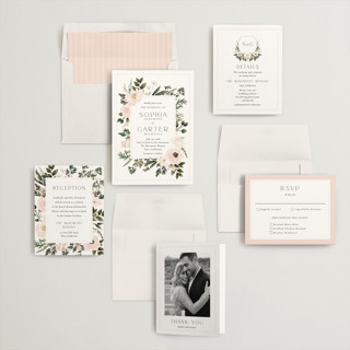 This is a blush wedding invitations with standard by Susan Moyal called botanical love printing on signature in standard