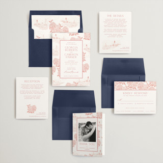 This is a coral wedding invitations with standard by Jenna Holcomb called coastal toile printing on signature in standard