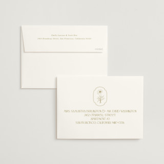 This is a ecru wedding invitations with standard by Baumbirdy called flora arch printing on signature in standard