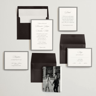 This is a pewter wedding invitations with standard by That Girl Press called black tie printing on signature in standard