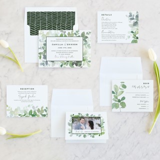 This is a garden wedding invitations with standard by Yao Cheng Design called soft eucalyptus printing on signature in standard