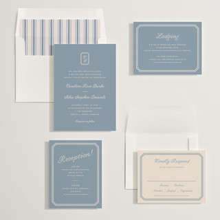 This is a french blue wedding invitations with standard by Carolyn MacLaren called bevel monogram printing on signature in standard