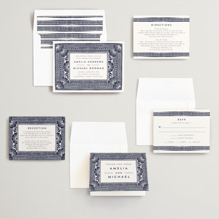 This is a navy wedding invitations with standard by Katharine Watson called block print frame printing on signature in standard