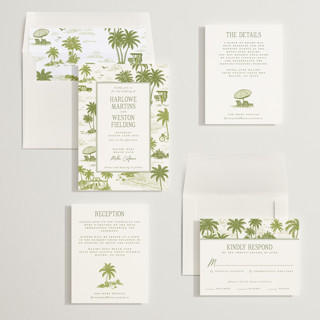 This is a palm wedding invitations with standard by Jenna Holcomb called beachtoile printing on signature in standard