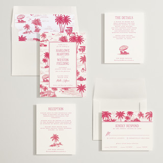 This is a fuchsia wedding invitations with standard by Jenna Holcomb called beachtoile printing on signature in standard
