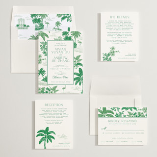 This is a jade wedding invitations with standard by Jenna Holcomb called tropical toile printing on signature in standard