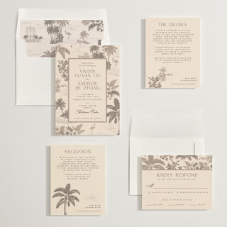 This is a sand wedding invitations with standard by Jenna Holcomb called tropical toile printing on signature in standard