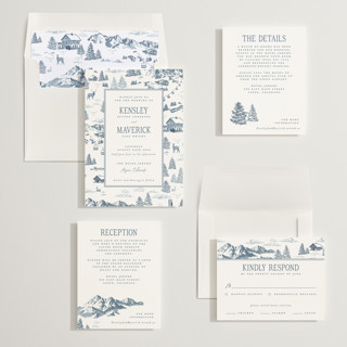 This is a denim wedding invitations with standard by Jenna Holcomb called aspen toile printing on signature in standard