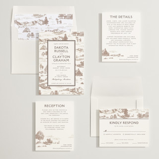 This is a leather wedding invitations with standard by Jenna Holcomb called mountain ranch toile printing on signature in standard