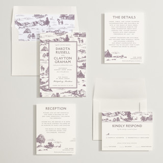 This is a mauve wedding invitations with standard by Jenna Holcomb called mountain ranch toile printing on signature in standard