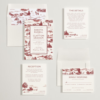 This is a barn wedding invitations with standard by Jenna Holcomb called mountain ranch toile printing on signature in standard