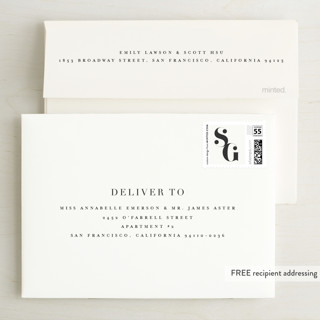 This is a buttercream wedding invitations with standard by Lori Wemple called modern initials printing on signature in standard