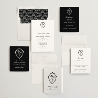 This is a ink wedding invitations with standard by Erika Firm called palm tree crest printing on signature in standard
