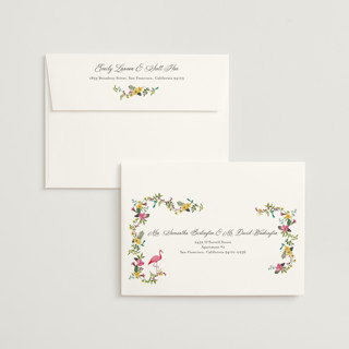 This is a lilac wedding invitations with standard by Susan Moyal called tropical crest printing on signature in standard