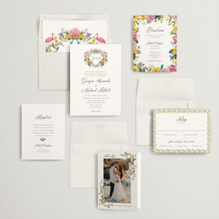 This is a lilac wedding invitations with standard by Susan Moyal called tropical crest printing on signature in standard
