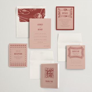 This is a dusty rose wedding invitations with standard by Nazia Hyder called vintage label printing on signature in standard