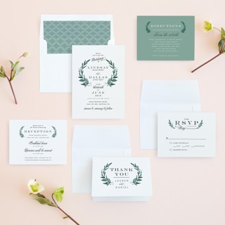 This is a forest green wedding invitations with standard by Alethea and Ruth called elegant crest printing on signature in standard