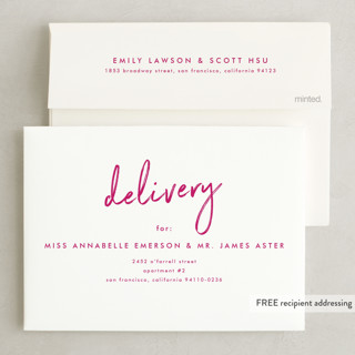 This is a magenta wedding invitations with standard by Phrosné Barwood called funky names printing on signature in standard