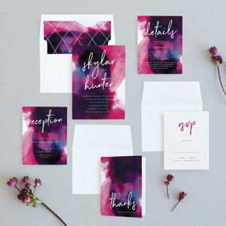 This is a magenta wedding invitations with standard by Phrosné Barwood called funky names printing on signature in standard