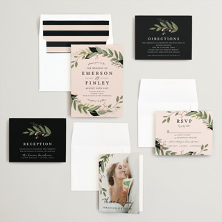 This is a blush wedding invitations with standard by Susan Moyal called vines of green printing on signature in standard