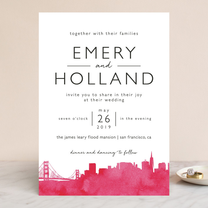 Skyline San Francisco Wedding Invitations By Laura Condouris Minted Skyline San Francisco Wedding Invitations In Magenta By Laura Condouris