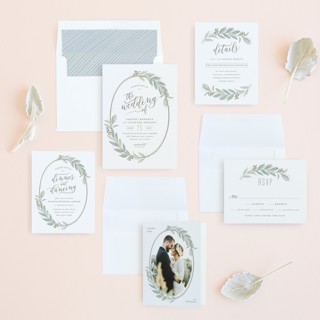 This is a sage wedding invitations with standard by Hooray Creative called modern wreath printing on signature in standard