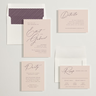 This is a dusty rose wedding invitations with standard by Hooray Creative called scripted names printing on signature in standard