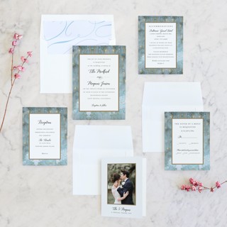 This is a aqua wedding invitations with standard by Benita Crandall called something blue printing on signature in standard