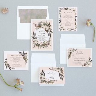 This is a blush wedding invitations with standard by Susan Moyal called botanical ring printing on signature in standard