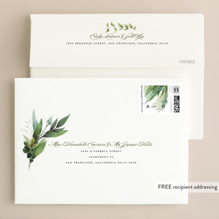 This is a emerald wedding invitations with standard by Susan Moyal called mixed greenery printing on signature in standard