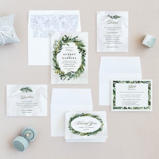 This is a emerald wedding invitations with standard by Susan Moyal called mixed greenery printing on signature in standard