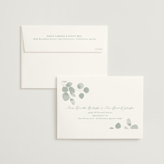 This is a silver dollar wedding invitations with standard by Shannon Chen of Four Wet Feet Studio called silver dollar eucalyptus printing on signature in standard