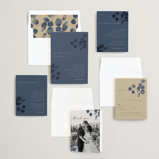 This is a navy wedding invitations with standard by Shannon Chen of Four Wet Feet Studio called silver dollar eucalyptus printing on signature in standard