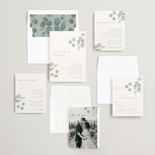 This is a silver dollar wedding invitations with standard by Shannon Chen of Four Wet Feet Studio called silver dollar eucalyptus printing on signature in standard