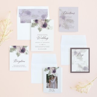 This is a lavender wedding invitations with standard by Cass Imagines called rose drop printing on signature in standard