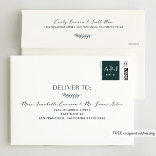 This is a pine wedding invitations with standard by Sarah Brown called snippet printing on signature in standard
