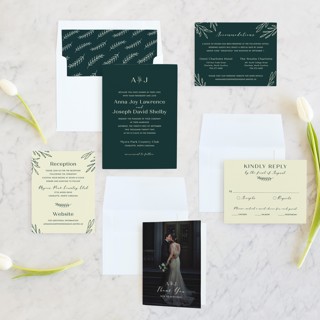 This is a pine wedding invitations with standard by Sarah Brown called snippet printing on signature in standard