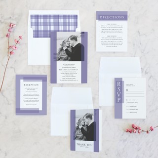 This is a lilac wedding invitations with standard by Erin Deegan called transparent printing on signature in standard